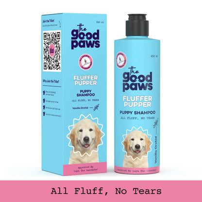 The Good Paws Fluffer Pupper Puppy Shampoo | No Tears Shampoo | All Natural Coconut Oil Shampoo | Gentle on your pup's skin & coat | Dog Shampoo For Labrador, Puppy, Pug | pH balanced | Vanilla Orchid (Allergen Free) 250 ml