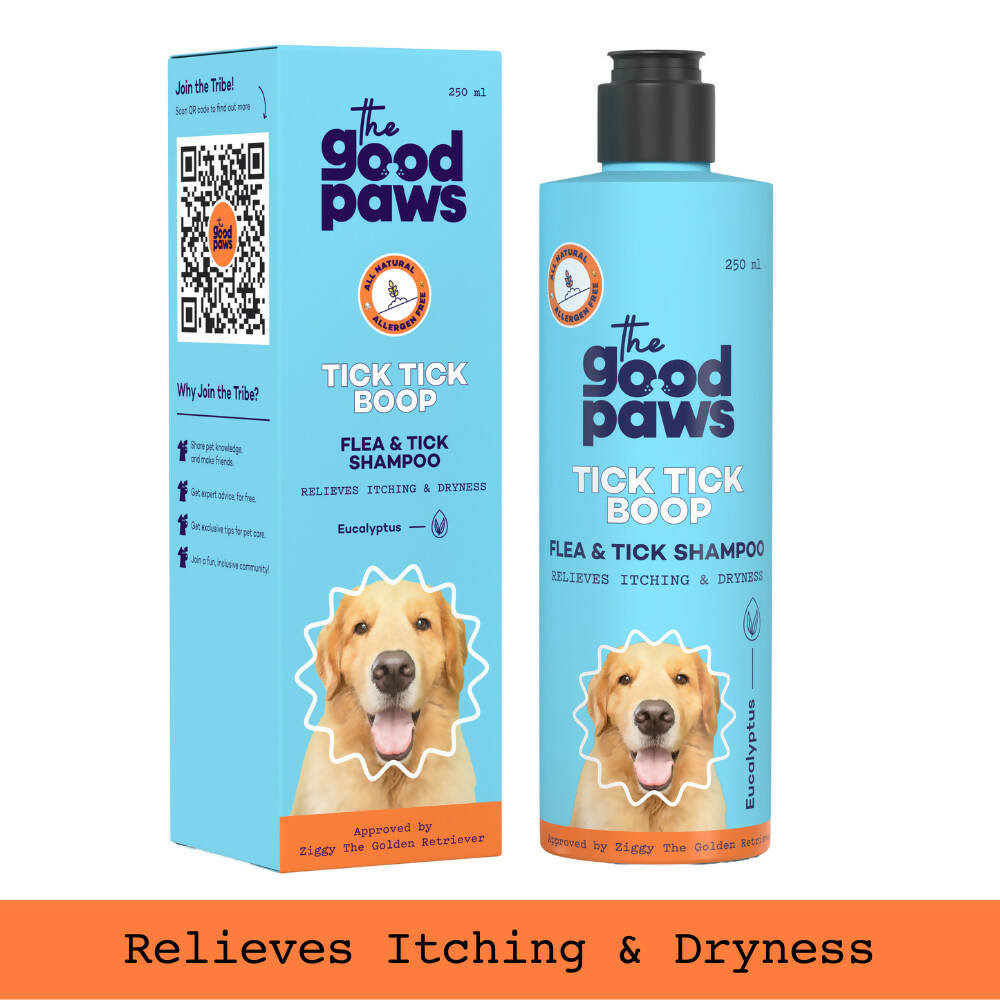 The Good Paws Tick Tick Boop | Flea & Tick Dog Shampoo | Relieves Itching & Dryness | All Natural Eucalyptus & Lemongrass Oil | Dog Shampoo For Golden Retriever, Labrador | Itch Relief Shampoo | Eucalyptus (Allergen Free) 250 ml