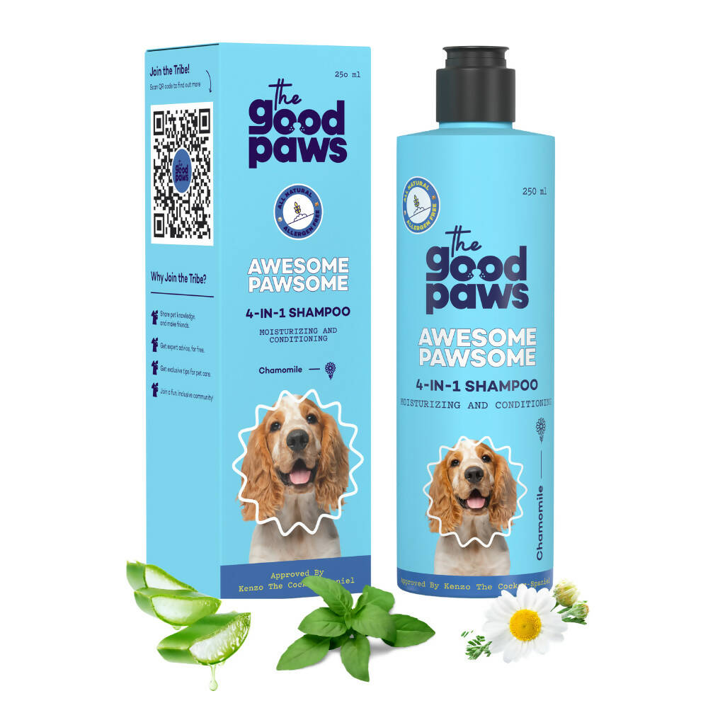 The Good Paws Awesome Pawsome 4 in 1 Dog Shampoo | Moisturizing & Conditioning | Cleanse & Deodorize | All Natural Olive & Wheatgerm Oil | For Cocker Spaniel, German Shepherd, Husky, Labrador | Chamomile (Allergen Free) 250 ml