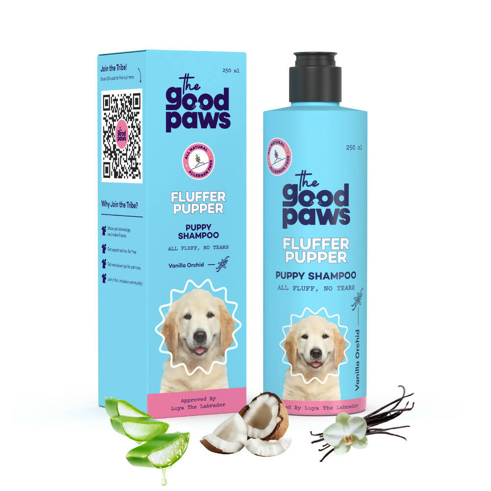 The Good Paws Fluffer Pupper Puppy Shampoo | No Tears Shampoo | All Natural Coconut Oil Shampoo | Gentle on your pup's skin & coat | Dog Shampoo For Labrador, Puppy, Pug | pH balanced | Vanilla Orchid (Allergen Free) 250 ml