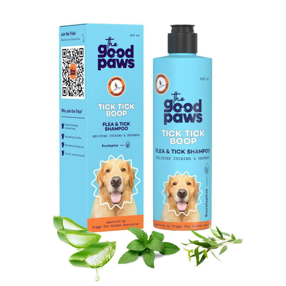 The Good Paws Tick Tick Boop | Flea & Tick Dog Shampoo | Relieves Itching & Dryness | All Natural Eucalyptus & Lemongrass Oil | Dog Shampoo For Golden Retriever, Labrador | Itch Relief Shampoo | Eucalyptus (Allergen Free) 250 ml