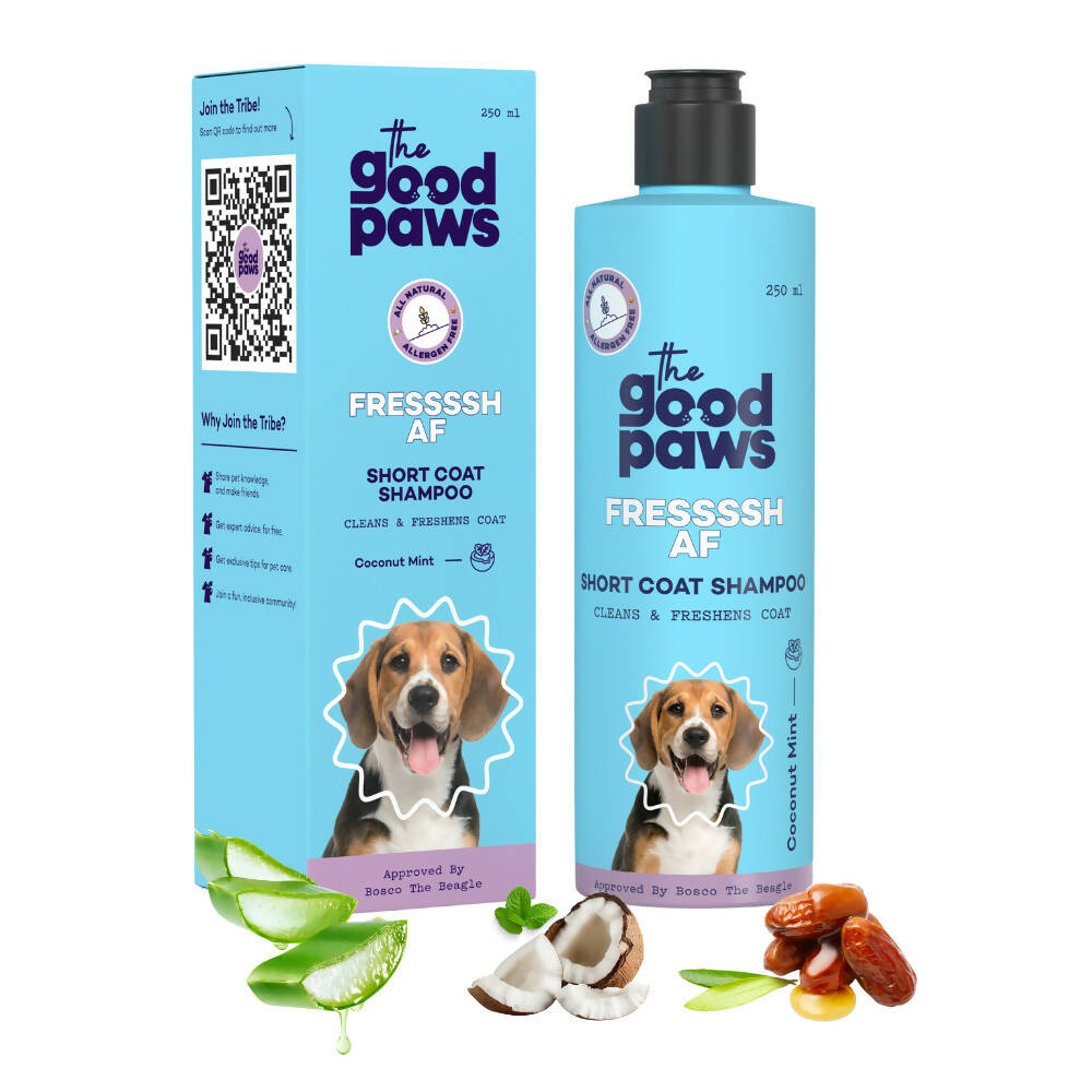 The Good Paws FRESSSSH AF Short Coat Shampoo | Smoothes Skin & Coat | Dog shampoo For Beagle, Labrador, Great Dane | All Natural Jojoba & Castor Oil | Pet Shampoo for Dogs & Cats | Coconut Mint (Allergen Free) 250 ml